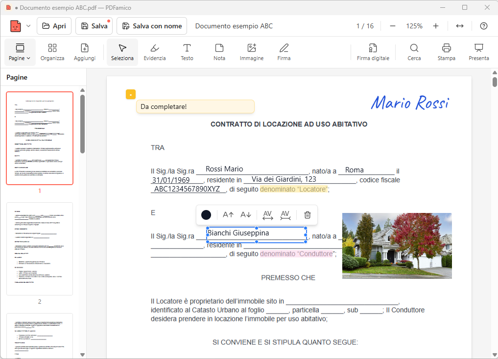 PDFamico: un contratto di locazione con firma, nota ed evidenziazioni